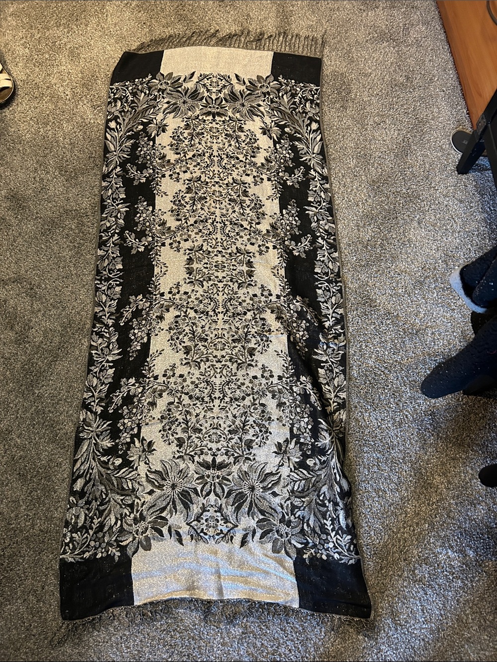 Black & Silver Floral Jacquard Scarf Shawl